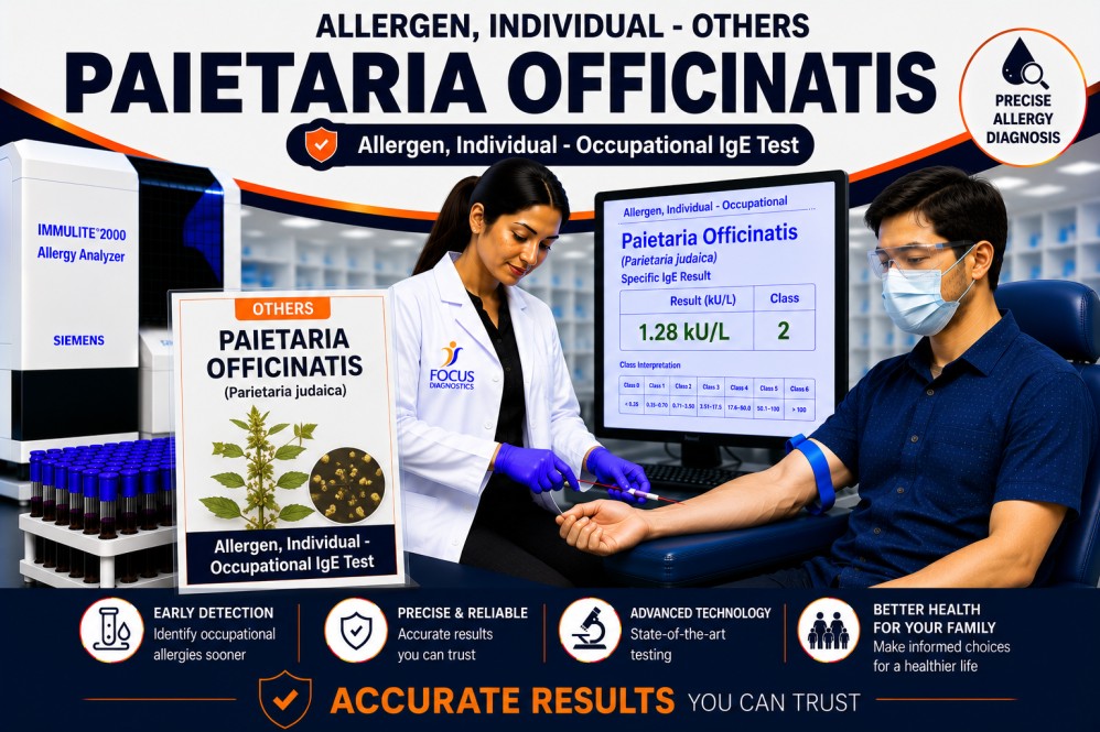 Parietaria officinalis pollen allergy test showing specific IgE antibody analysis for pellitory weed sensitization, hay fever diagnosis, and respiratory allergy evaluation