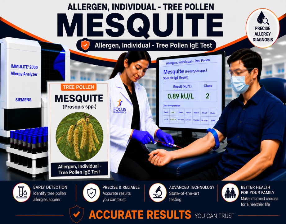 Mesquite tree pollen allergy test showing specific IgE antibody analysis for Prosopis pollen sensitization, hay fever diagnosis, and respiratory allergy evaluation