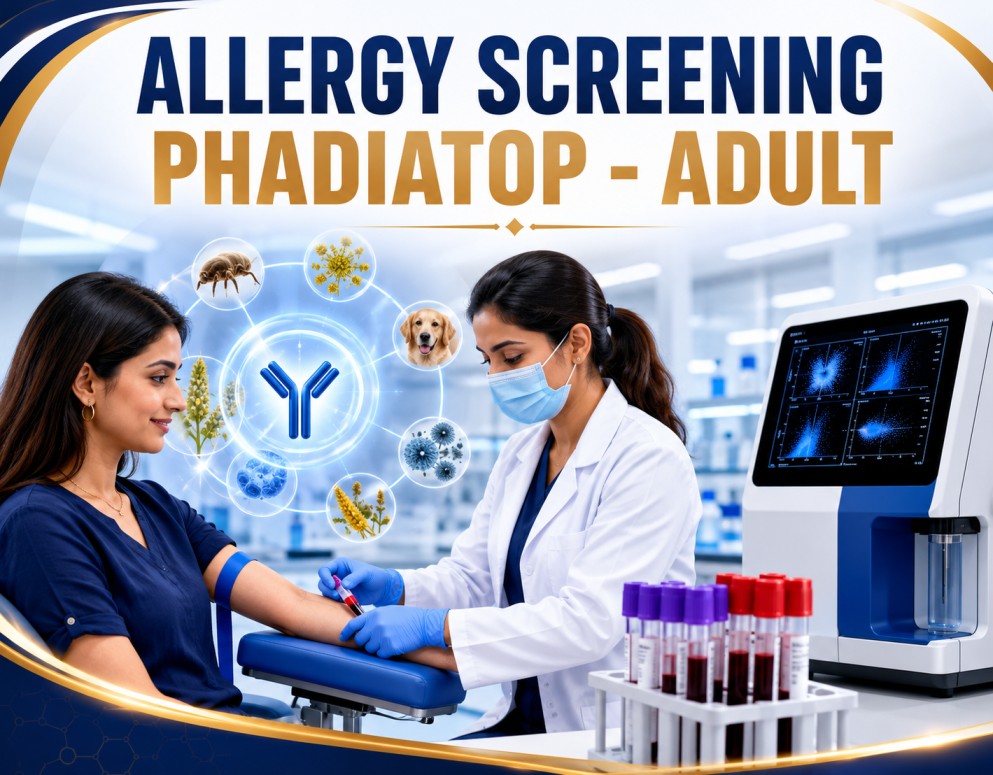 Phadiatop Adult allergy screening blood test showing specific IgE analysis for common inhalant allergens associated with allergic rhinitis and asthma