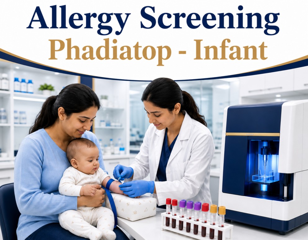 Phadiatop Infant allergy screening blood test showing specific IgE analysis for food and inhalant allergens associated with eczema, food allergy, and childhood asthma