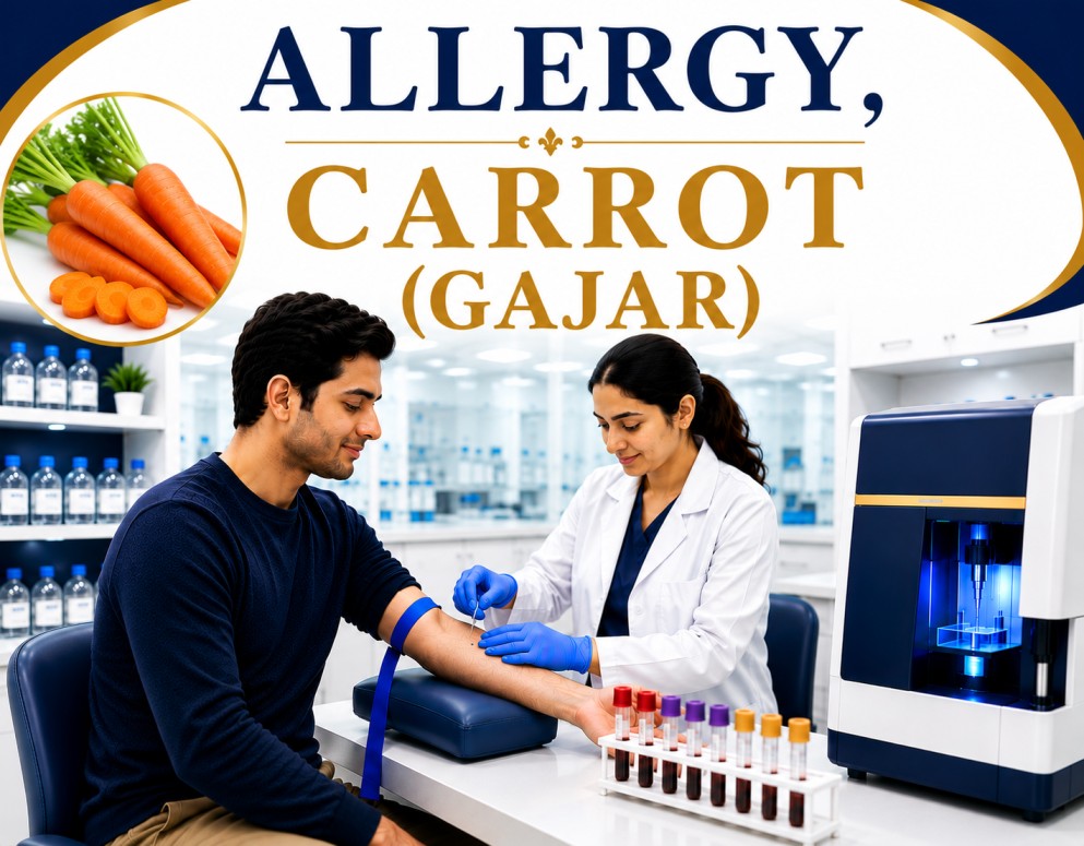 Carrot (Gajar) allergy blood test showing specific IgE antibody analysis for vegetable allergy, oral allergy syndrome, and food hypersensitivity evaluation