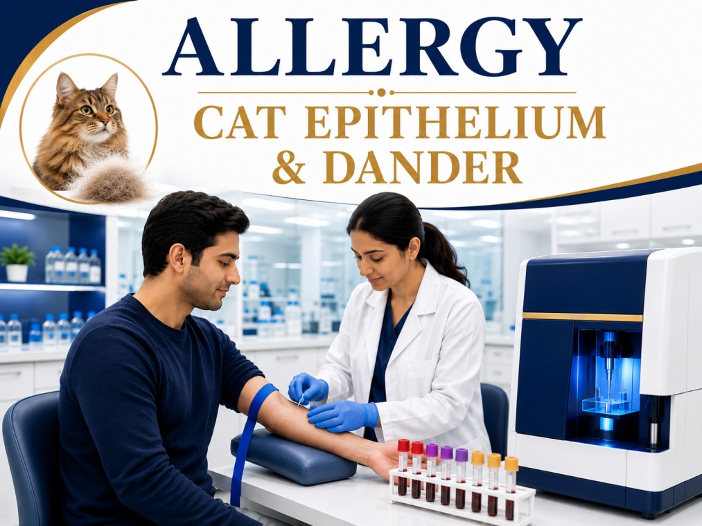 Cat epithelium and dander allergy blood test showing specific IgE antibody analysis for pet allergy, allergic rhinitis, and asthma evaluation
