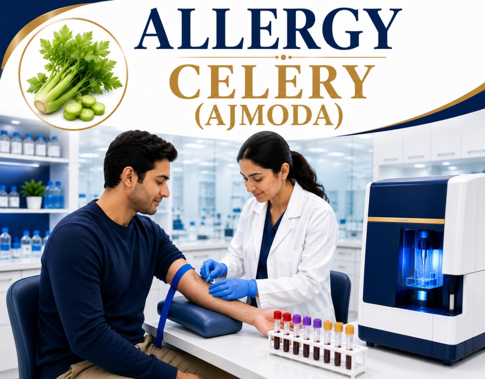 Celery (Ajmoda) allergy blood test showing specific IgE antibody analysis for vegetable allergy, oral allergy syndrome, and food hypersensitivity evaluation