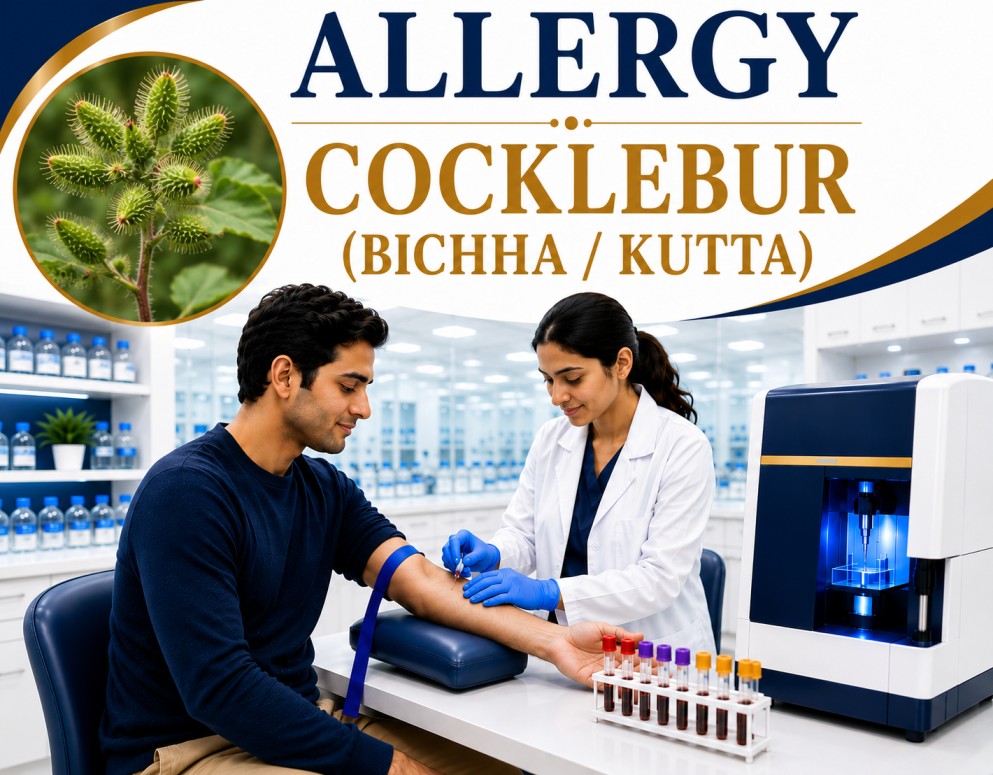 Cocklebur (Bichha/Kutta) pollen allergy blood test showing specific IgE antibody analysis for weed pollen allergy, hay fever, allergic rhinitis, and asthma evaluation