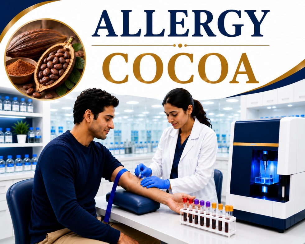 Cocoa allergy blood test showing specific IgE antibody analysis for chocolate allergy, food hypersensitivity, and allergic reaction evaluation