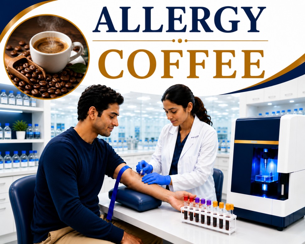 Coffee allergy blood test showing specific IgE antibody analysis for coffee hypersensitivity, food allergy, and allergic reaction evaluation