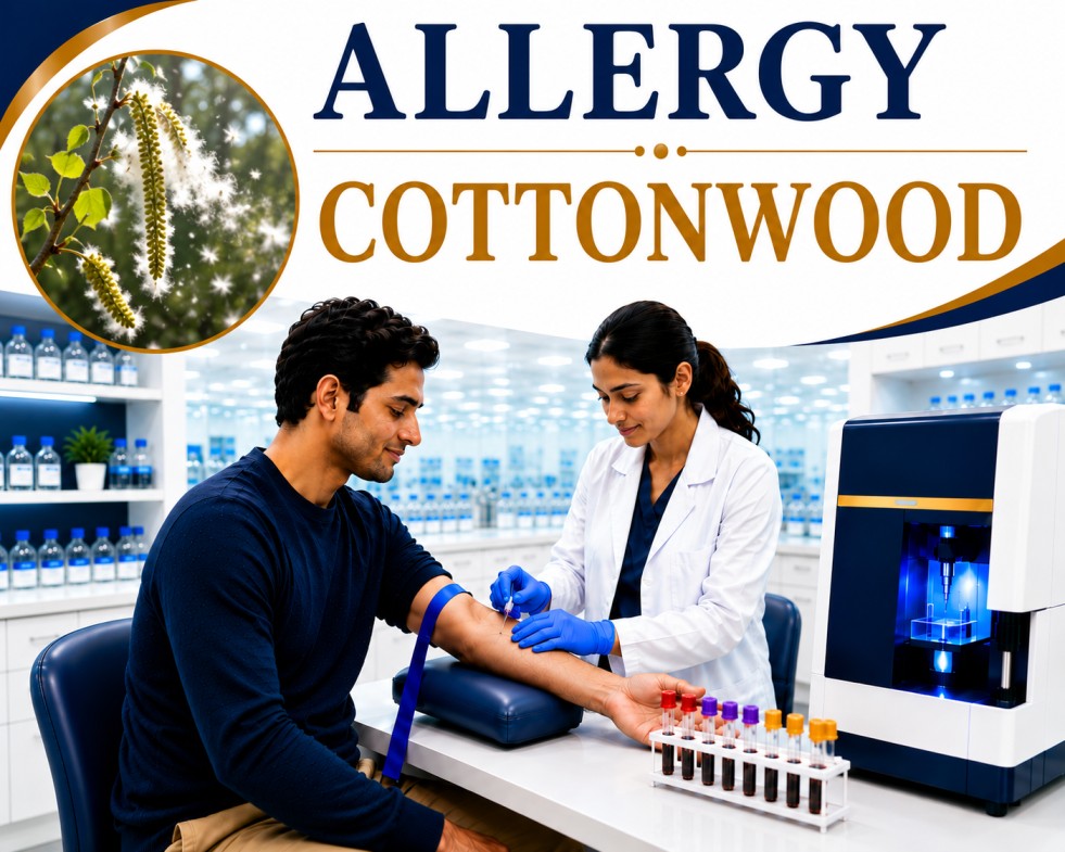 Cottonwood pollen allergy blood test showing specific IgE antibody analysis for seasonal allergies, hay fever, allergic rhinitis, and asthma evaluation