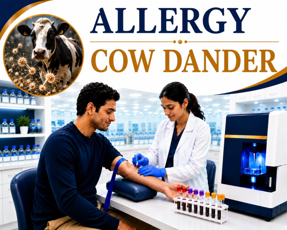 Cow dander allergy blood test showing specific IgE antibody analysis for animal dander allergy, allergic rhinitis, asthma, and respiratory hypersensitivity evaluation