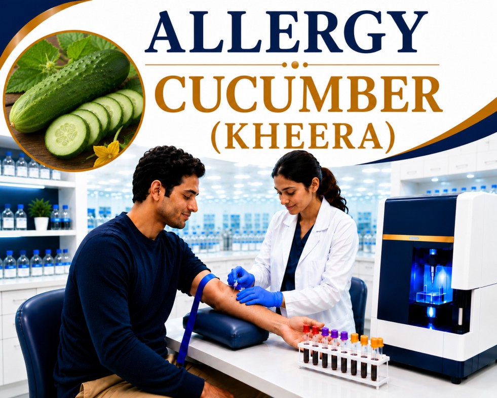 Cucumber (Kheera) allergy blood test showing specific IgE antibody analysis for vegetable allergy, oral allergy syndrome, and food hypersensitivity evaluation