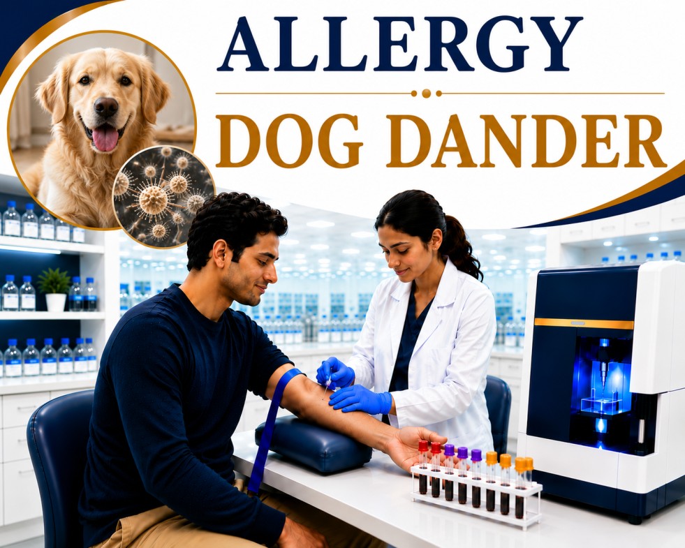 Dog dander allergy blood test showing specific IgE antibody analysis for pet allergy, allergic rhinitis, asthma, and respiratory hypersensitivity evaluation