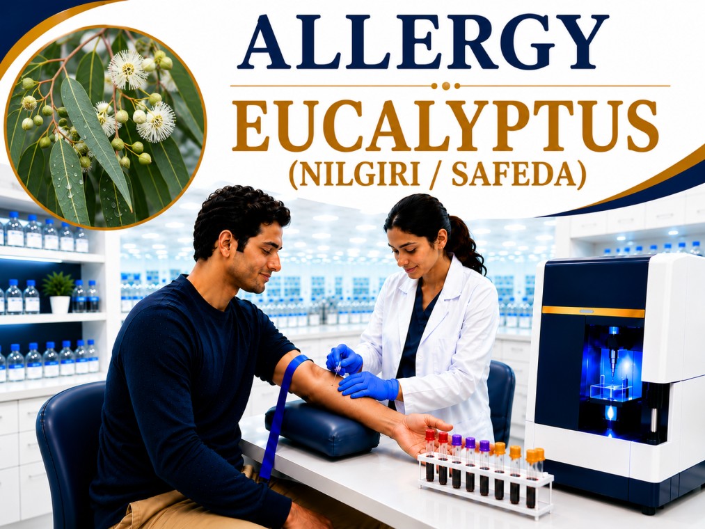Eucalyptus (Nilgiri/Safeda) pollen allergy blood test showing specific IgE antibody analysis for tree pollen allergy, allergic rhinitis, hay fever, and asthma evaluation