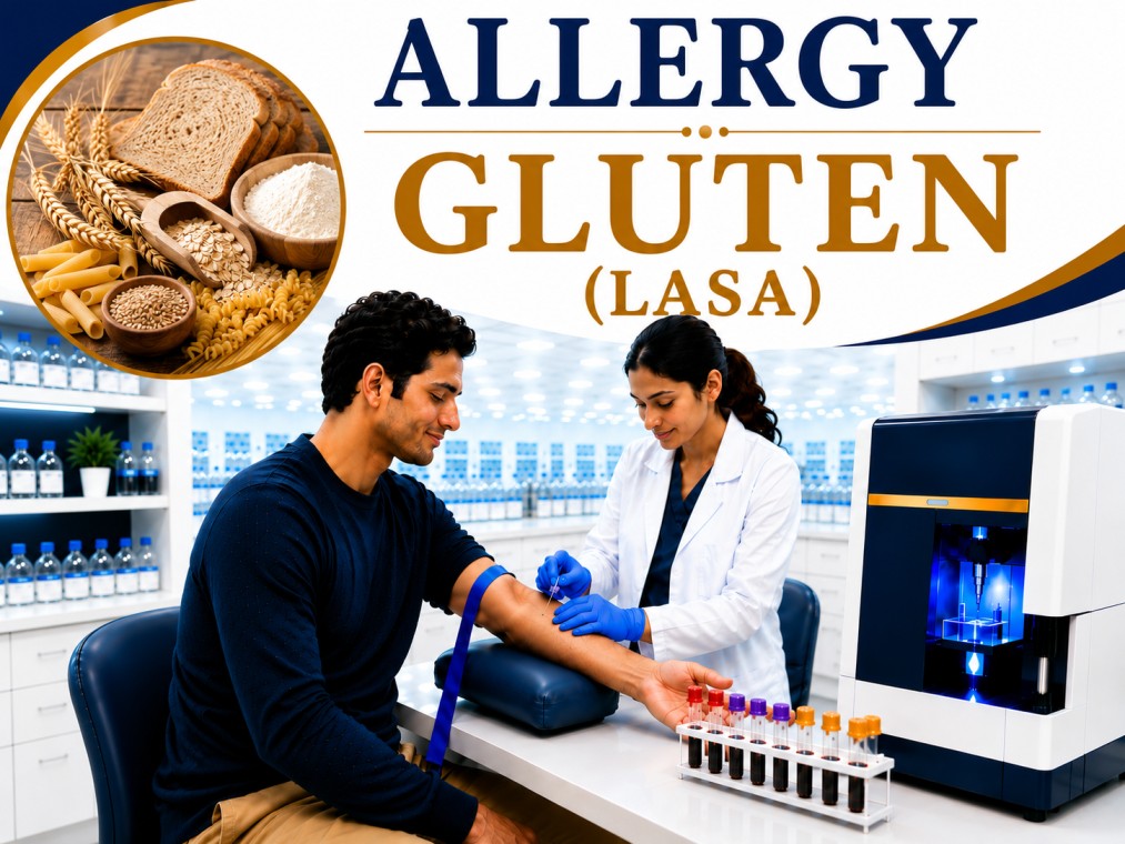 Gluten (Lasa) allergy blood test showing specific IgE antibody analysis for wheat allergy, cereal allergy, food hypersensitivity, and allergic reaction evaluation