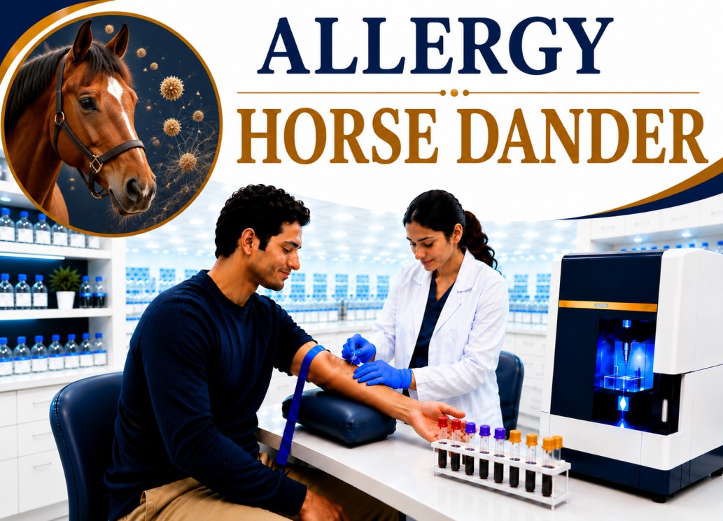 Horse dander allergy blood test showing specific IgE antibody analysis for animal dander allergy, allergic rhinitis, asthma, and respiratory hypersensitivity evaluation
