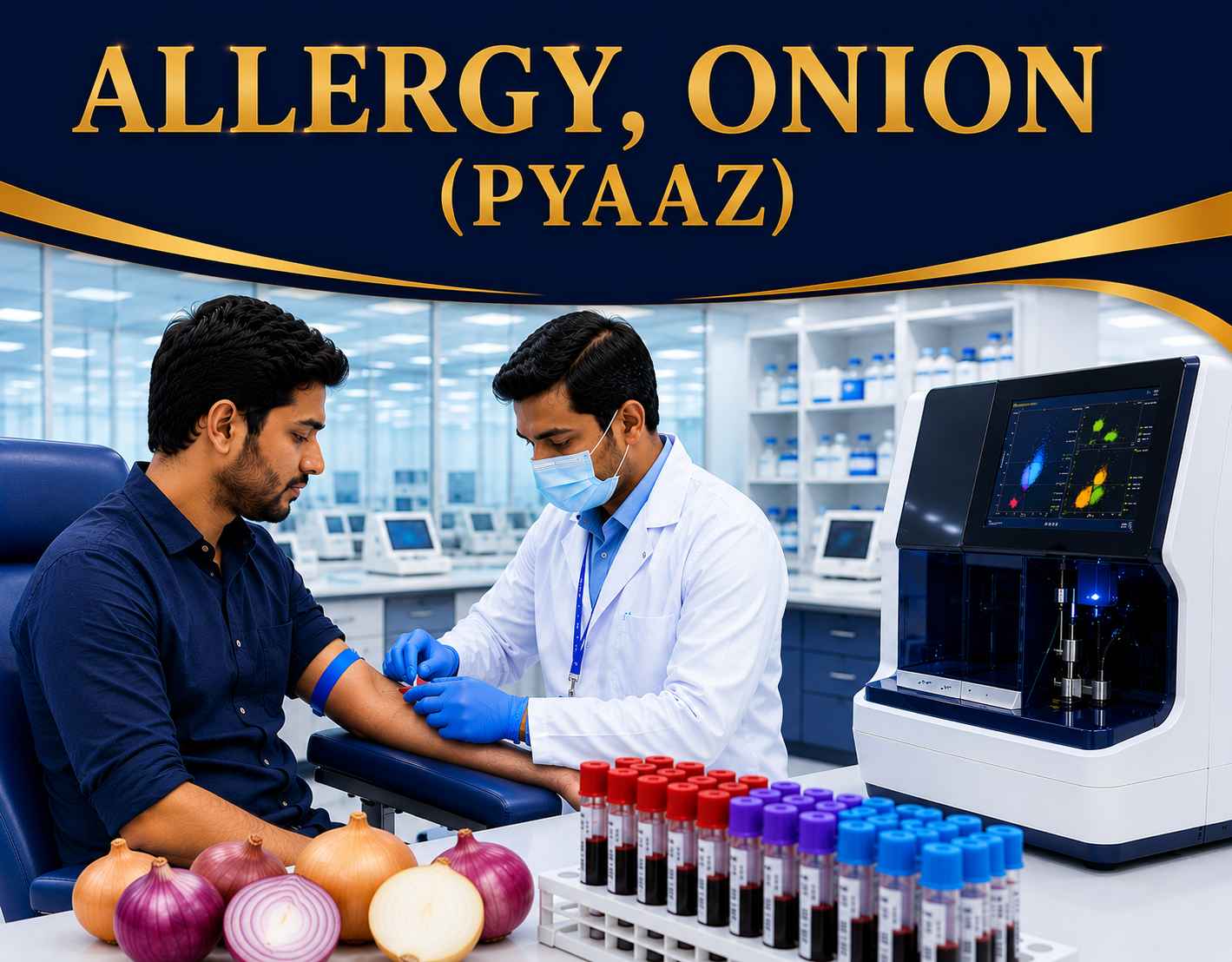 Onion (Pyaaz) Allergy Test blood sample analysis for detecting specific IgE antibodies to onion allergens at Focus Diagnostics
