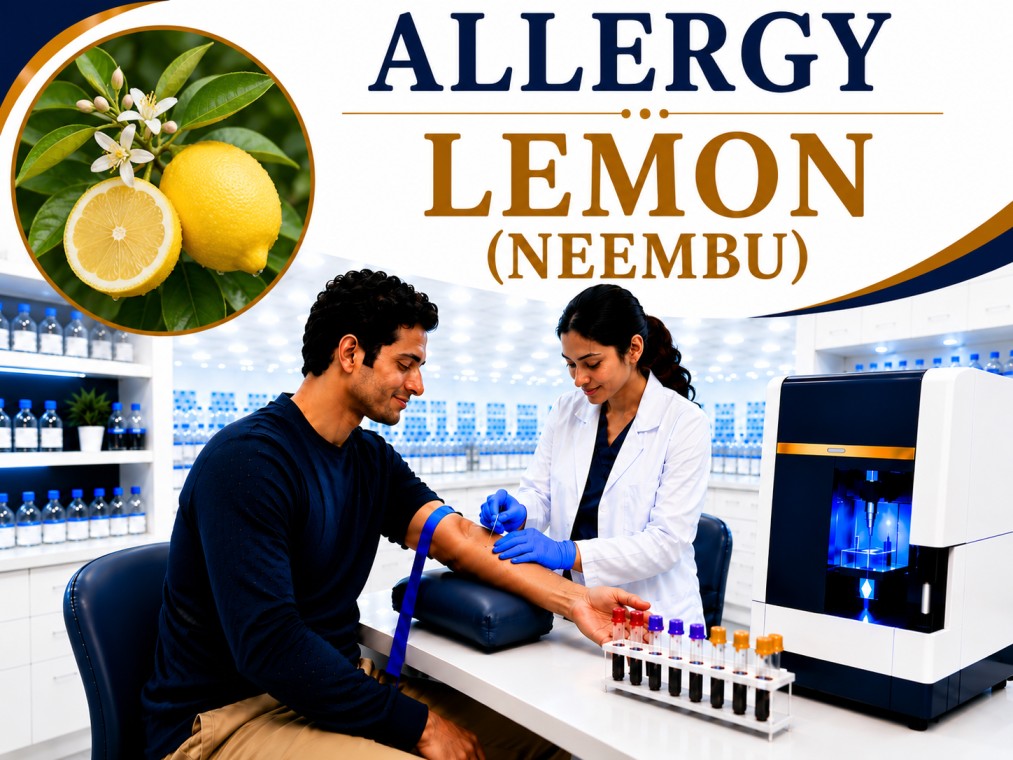 Lemon (Neembu) allergy blood test showing specific IgE antibody analysis for citrus fruit allergy, food hypersensitivity, and allergic reaction evaluation