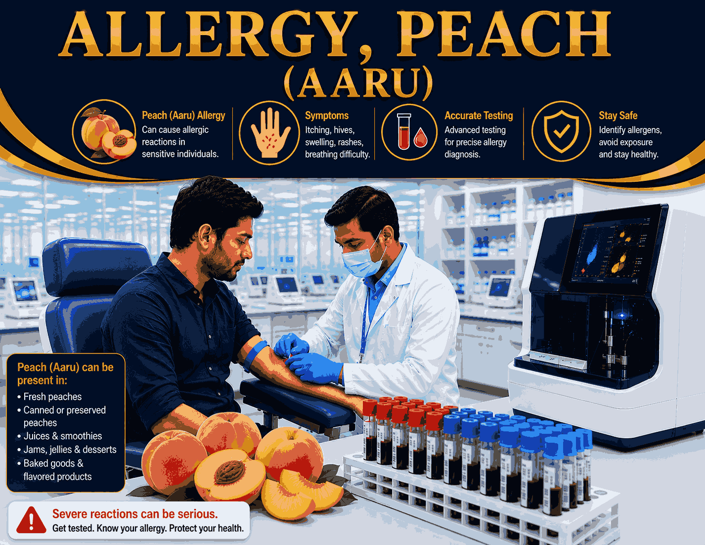 Peach (Aaru) Allergy Test blood sample analysis for detecting specific IgE antibodies to peach allergens at Focus Diagnostics