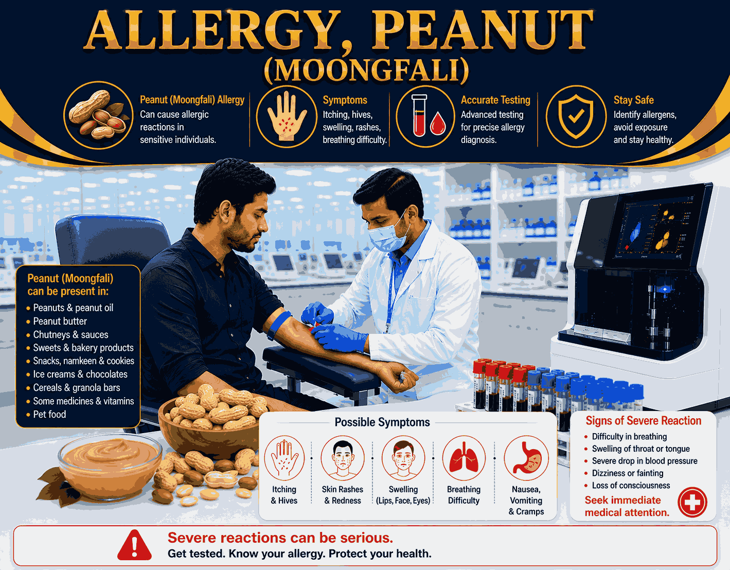 Peanut (Moongfali) Allergy Test blood sample analysis for detecting specific IgE antibodies to peanut allergens at Focus Diagnostics