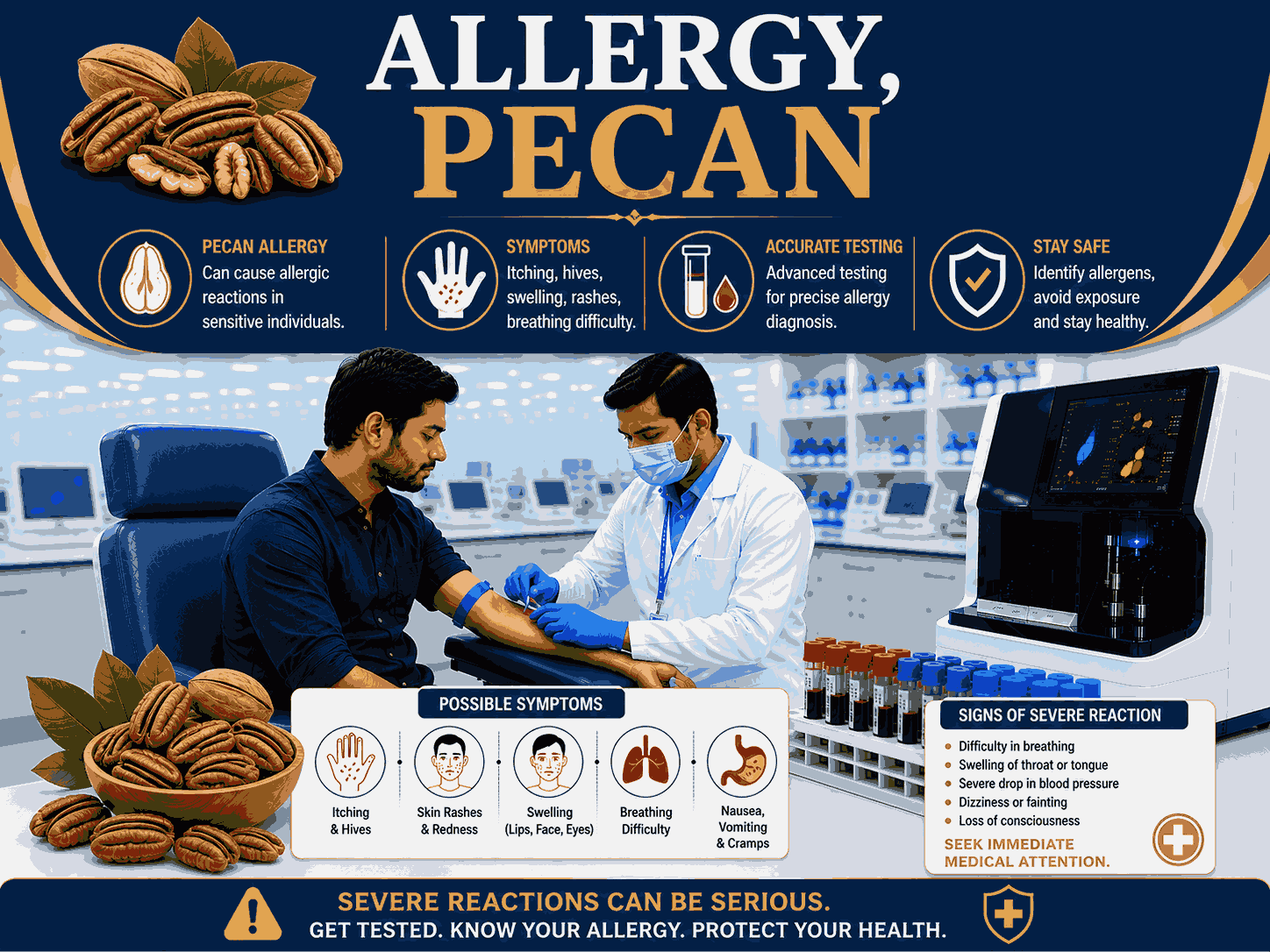 Pecan Allergy Test blood sample analysis for detecting specific IgE antibodies to pecan nut allergens at Focus Diagnostics