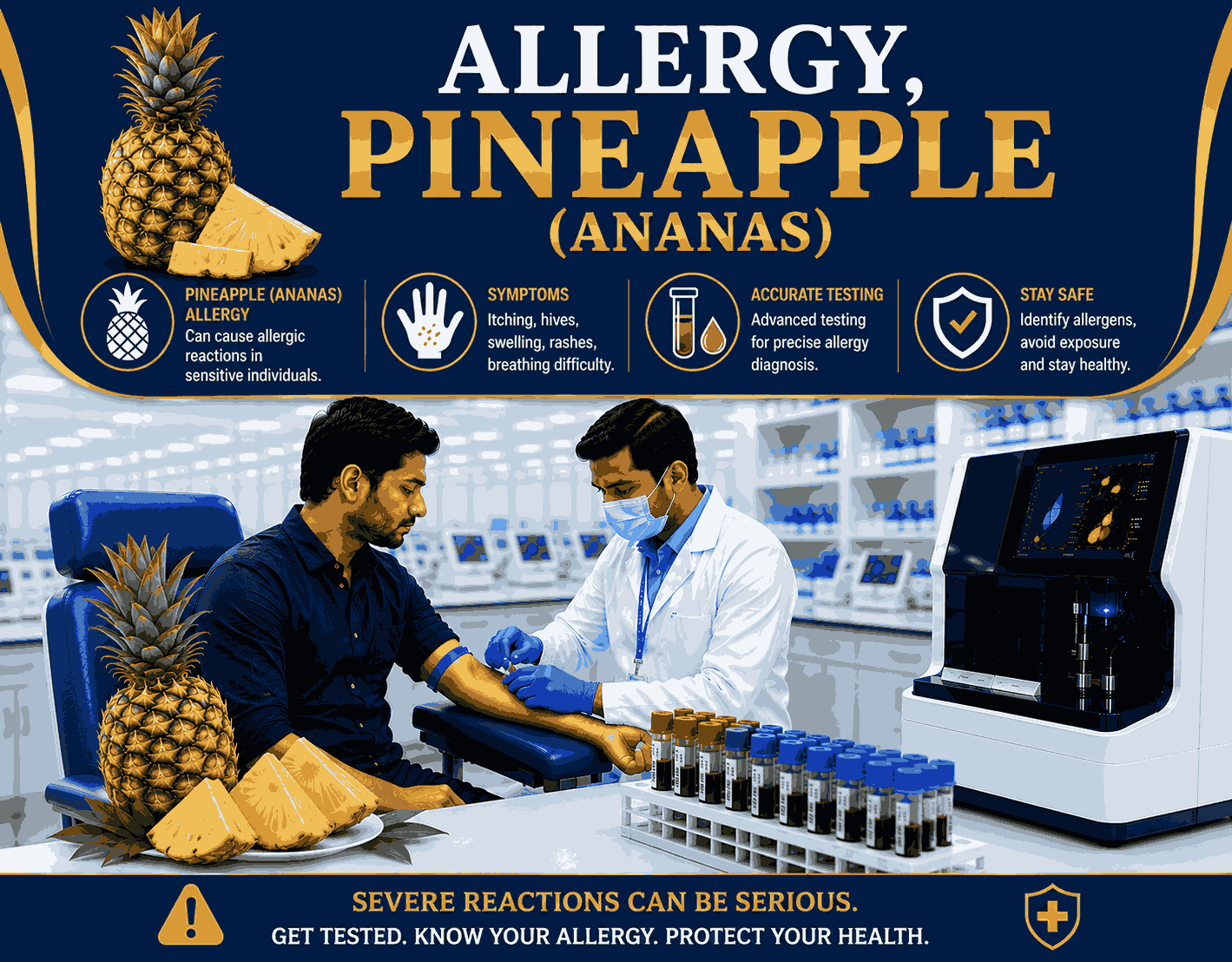 Pineapple (Ananas) Allergy Test blood sample analysis for detecting specific IgE antibodies to pineapple allergens at Focus Diagnostics
