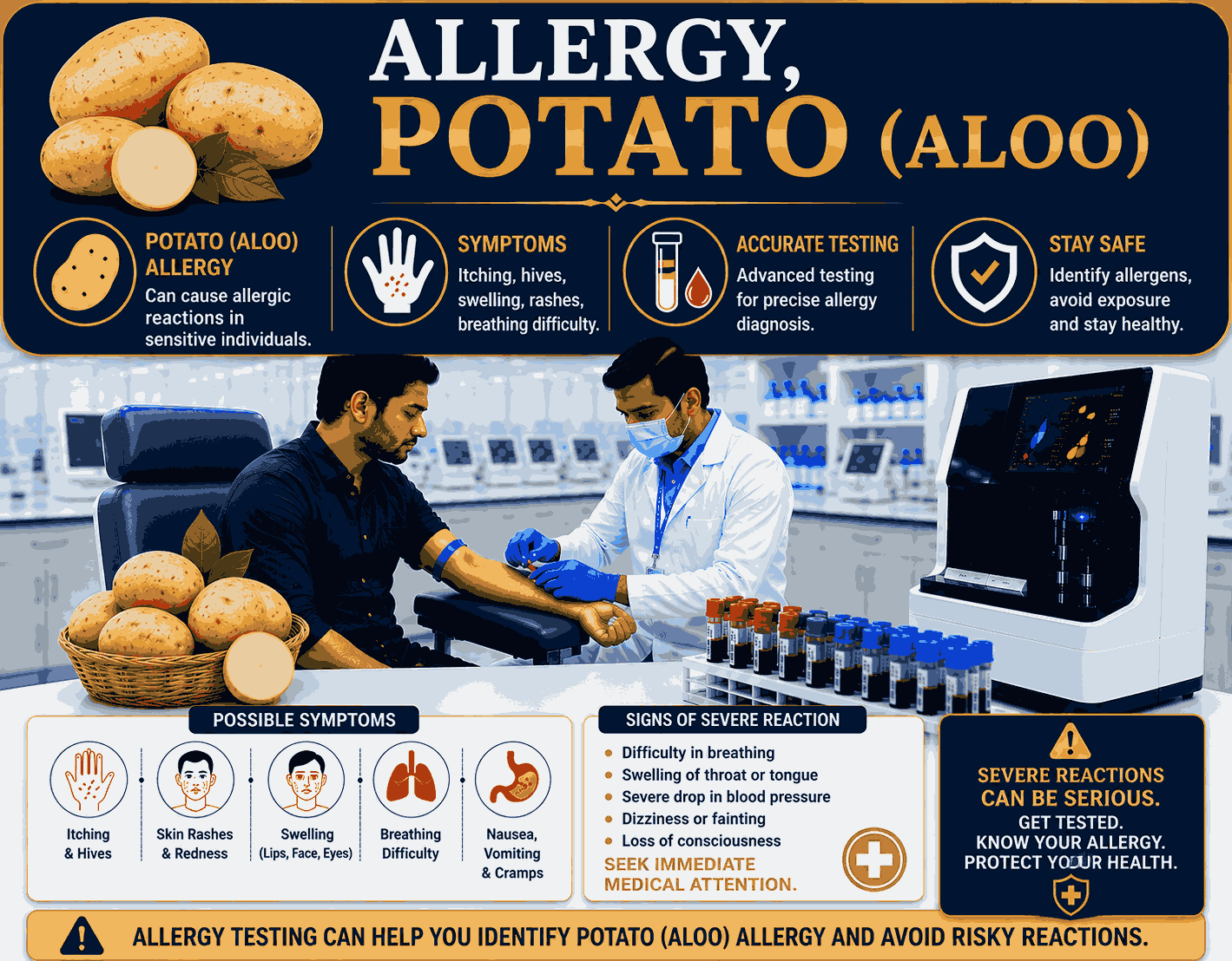 Potato (Aloo) Allergy Test blood sample analysis for detecting specific IgE antibodies to potato allergens at Focus Diagnostics