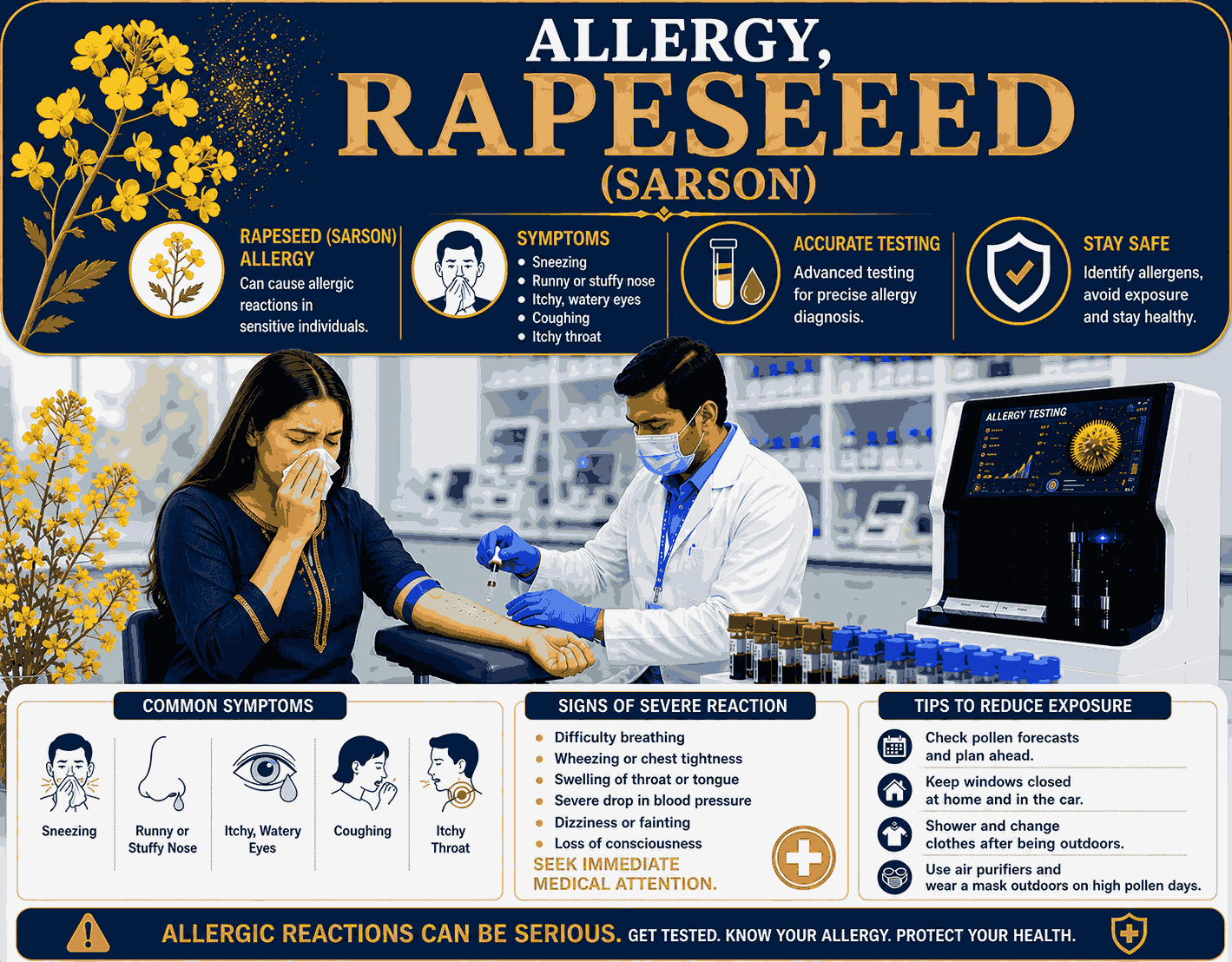 Rapeseed (Sarson) Allergy Test blood sample analysis for detecting specific IgE antibodies to rapeseed and mustard seed allergens at Focus Diagnostics