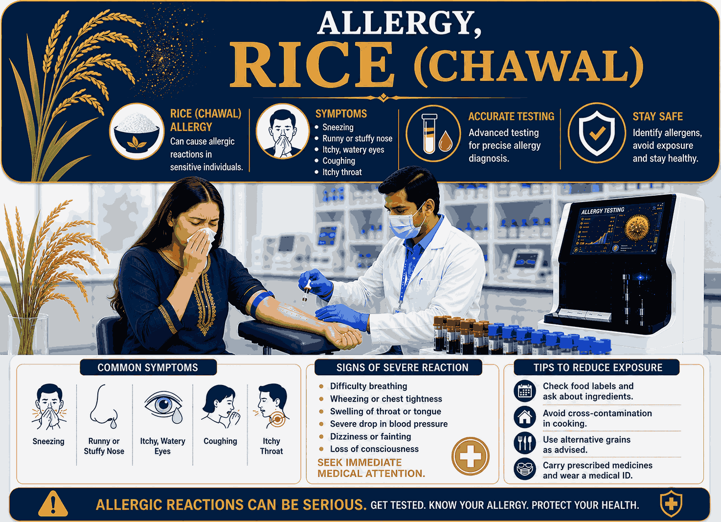 Rice (Chawal) Allergy Test blood sample analysis for detecting specific IgE antibodies to rice allergens at Focus Diagnostics