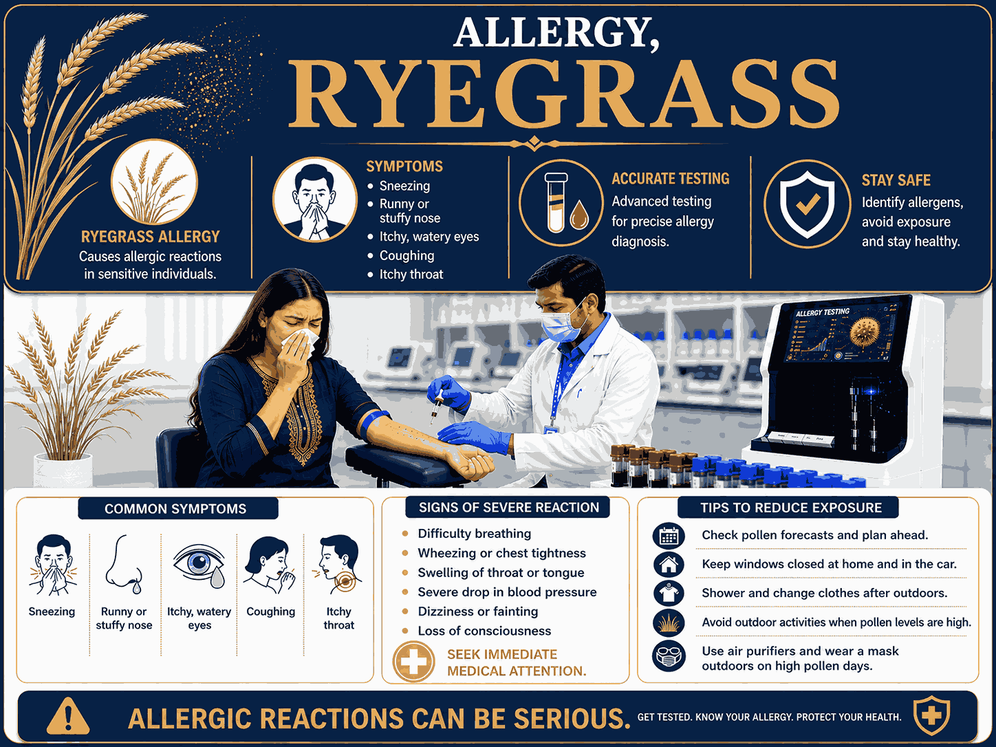 Ryegrass Allergy Test blood sample analysis for detecting specific IgE antibodies to ryegrass pollen allergens at Focus Diagnostics
