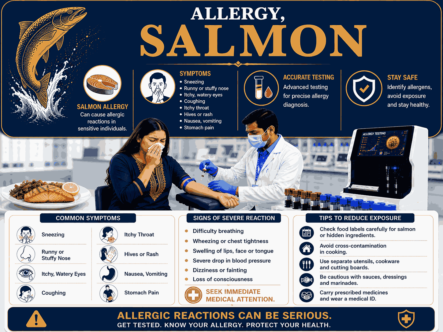 Salmon Allergy Test blood sample analysis for detecting specific IgE antibodies to salmon allergens at Focus Diagnostics