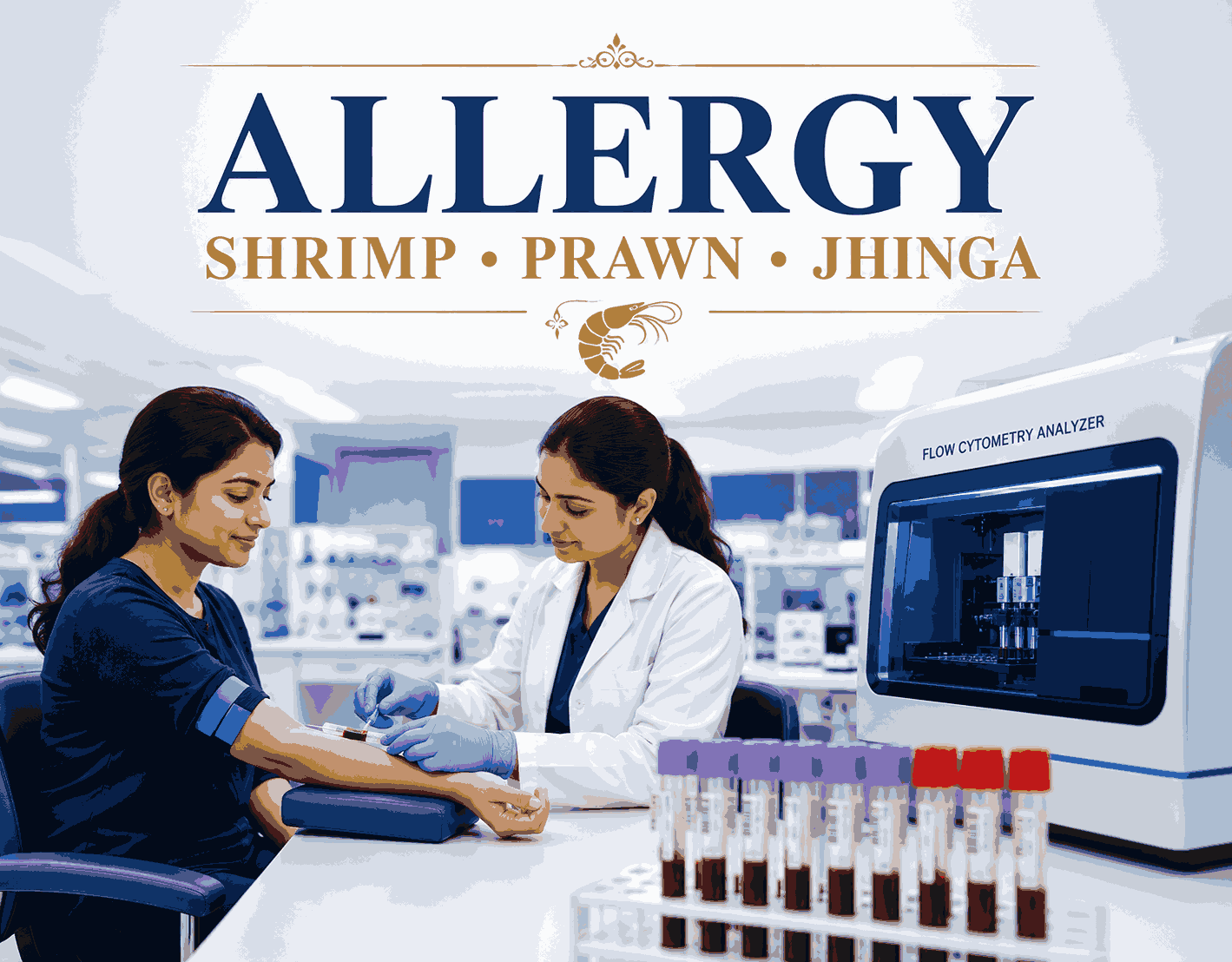 Shrimp/Prawn (Jhinga) Allergy Test blood sample analysis for detecting specific IgE antibodies to shellfish allergens at Focus Diagnostics