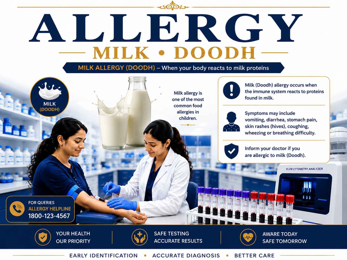 Milk (Doodh) Allergy Test blood sample analysis for detecting specific IgE antibodies to cow's milk proteins at Focus Diagnostics