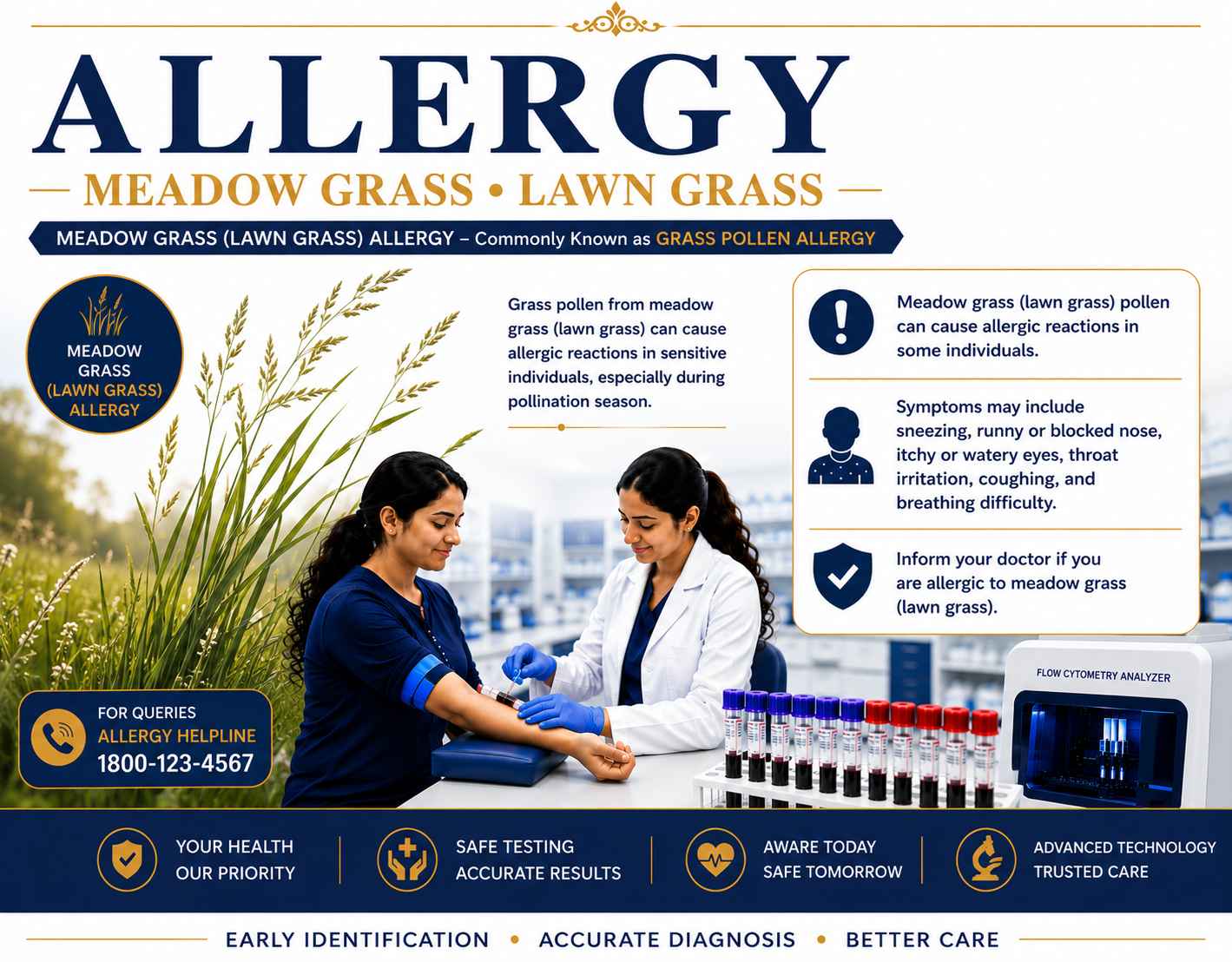 Meadow Grass (Lawn Grass) Allergy Test blood sample analysis for detecting specific IgE antibodies to meadow grass pollen allergens at Focus Diagnostics