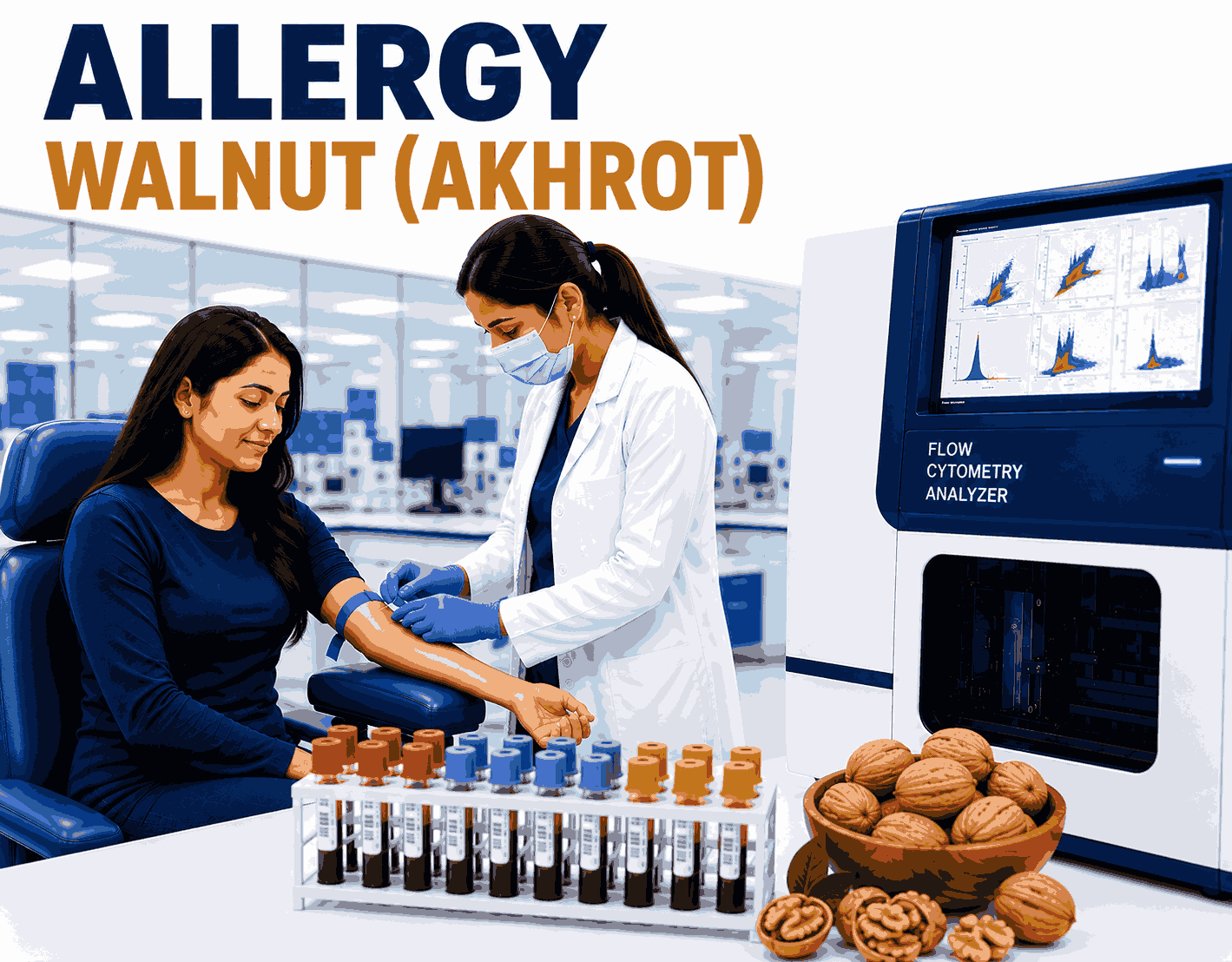 Walnut (Akhrot) Allergy Test blood sample analysis for detecting specific IgE antibodies to walnut allergens at Focus Diagnostics