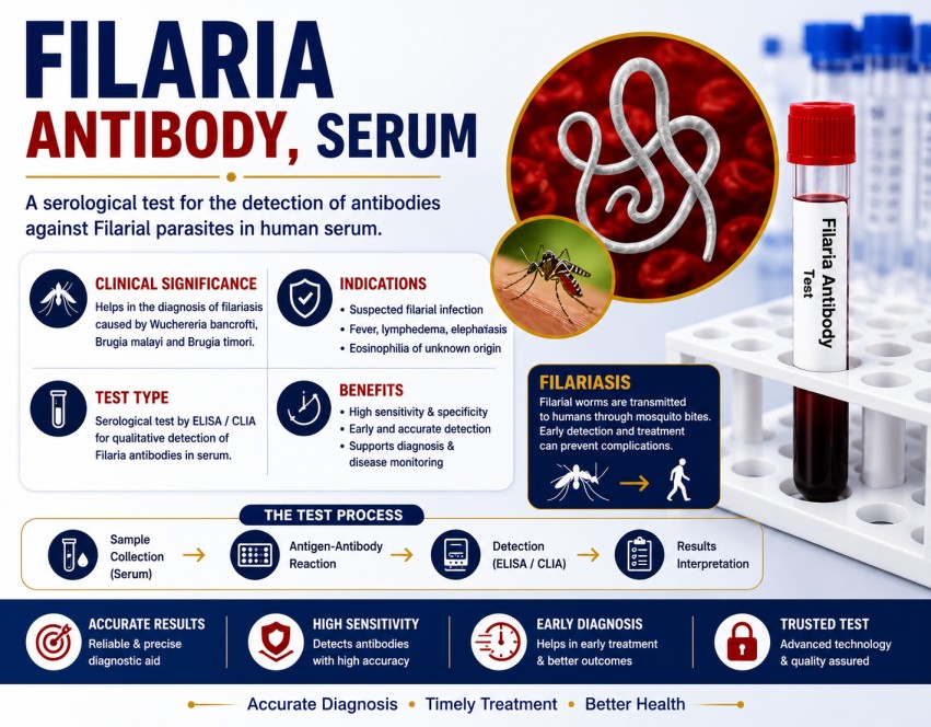 Filaria Antibody (Serum) blood test for diagnosing lymphatic filariasis and detecting antibodies against filarial parasites using a serum sample.
