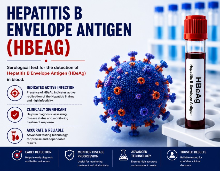 Hepatitis B Envelope Antigen (HBeAg) blood test for evaluating active hepatitis B viral replication and infectivity using a serum sample.