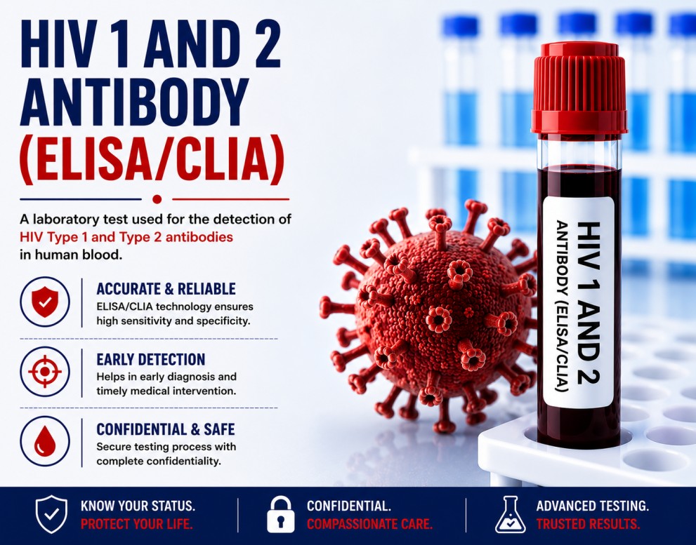 HIV 1 & 2 Antibody ELISA/CLIA blood test for screening Human Immunodeficiency Virus infection using a serum sample.