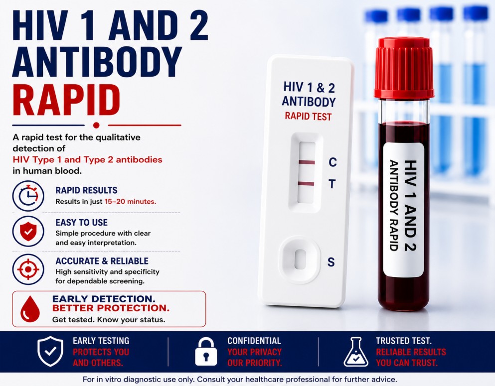 HIV 1 & 2 Antibody Rapid Test for quick screening of Human Immunodeficiency Virus infection using a blood sample.