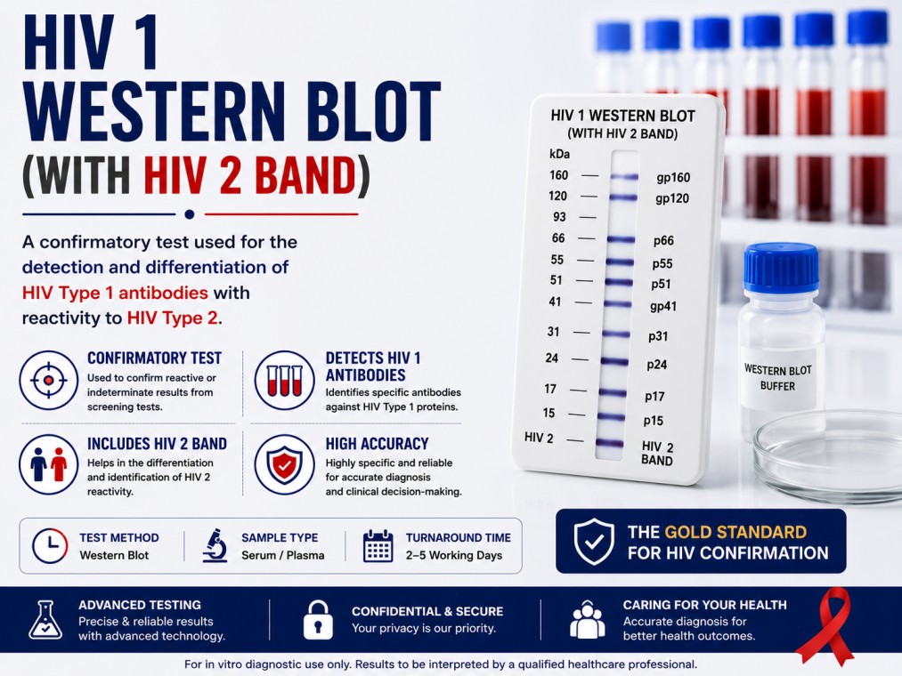 HIV-1 Western Blot (with HIV-2 Band) confirmatory blood test for verification of reactive HIV antibody screening results using a serum sample.