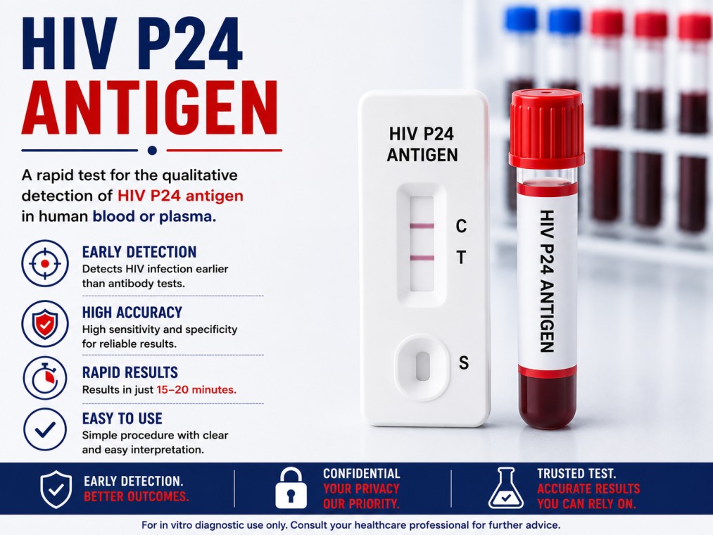 HIV-1 p24 Antigen blood test for early detection of Human Immunodeficiency Virus infection using a serum sample.