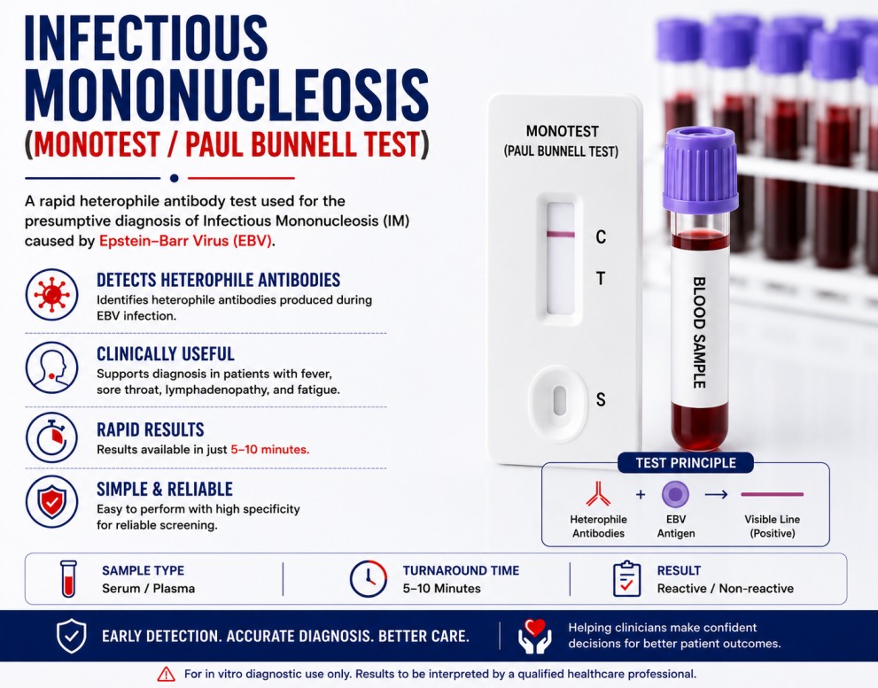 Infectious Mononucleosis (Monotest/Paul-Bunnell Test) blood test for detecting heterophile antibodies associated with Epstein-Barr Virus infection.