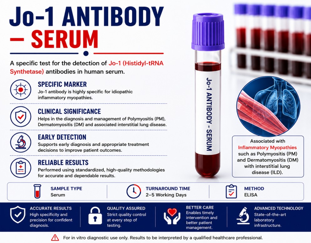 Jo-1 Antibody (Serum) blood test for detecting Anti-Jo-1 autoantibodies associated with polymyositis, dermatomyositis, and antisynthetase syndrome.