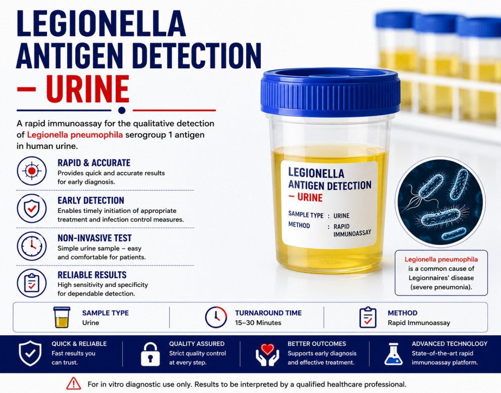 Legionella Antigen Detection urine test for rapid diagnosis of Legionnaires' disease caused by Legionella pneumophila.