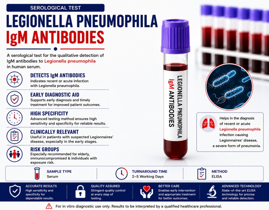 Legionella pneumophila IgM Antibody blood test for evaluating recent Legionella infection using a serum sample.