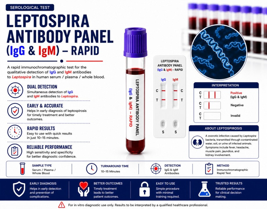 Leptospira Antibody Panel (IgG and IgM) blood test for diagnosing recent and previous leptospirosis infection using a serum sample.