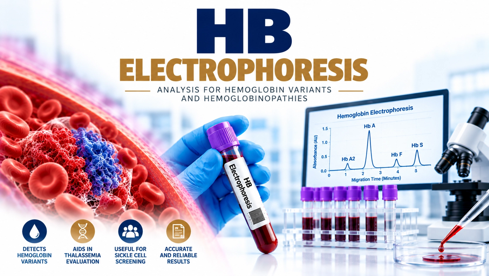 Hemoglobin Electrophoresis test showing analysis of hemoglobin variants for thalassemia, sickle cell disease, and inherited blood disorder diagnosis