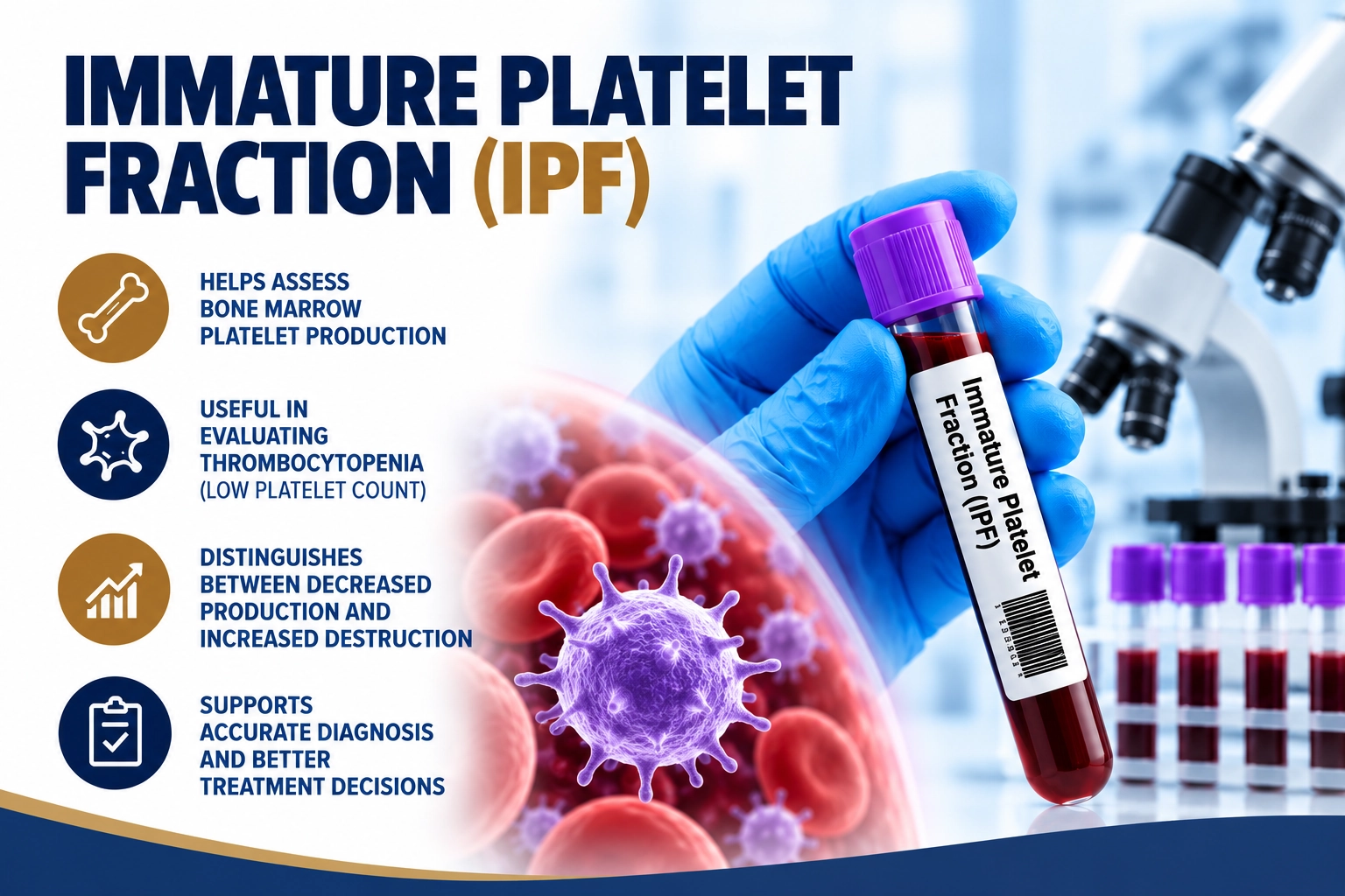 Immature Platelet Fraction IPF test showing young platelet analysis for thrombocytopenia evaluation, platelet production assessment, and bone marrow function monitoring