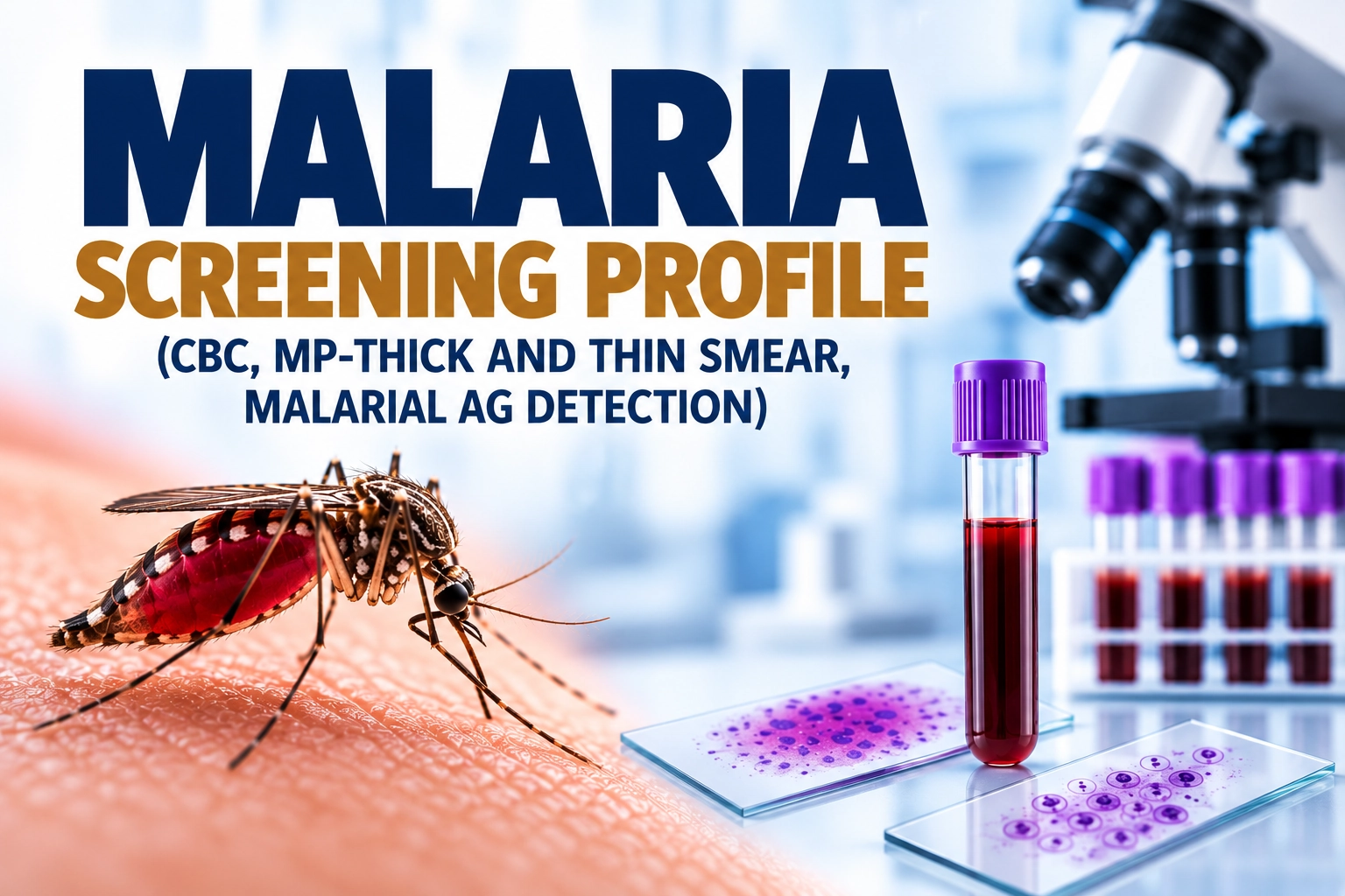 Malaria Screening Profile showing CBC analysis, malaria thick and thin smear microscopy, and malarial antigen detection for comprehensive malaria diagnosis