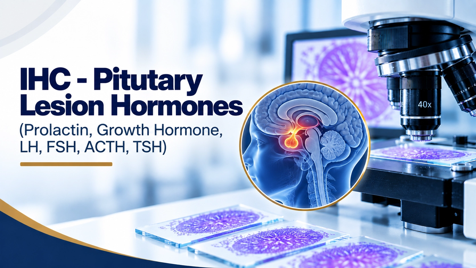 Pituitary lesion hormone panel immunohistochemistry staining showing Prolactin, GH, LH, FSH, ACTH and TSH expression
