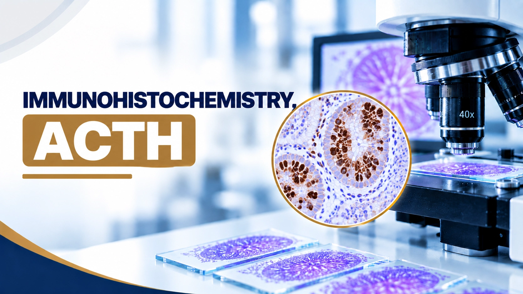 ACTH immunohistochemistry staining showing adrenocorticotropic hormone expression in pituitary tissue sample