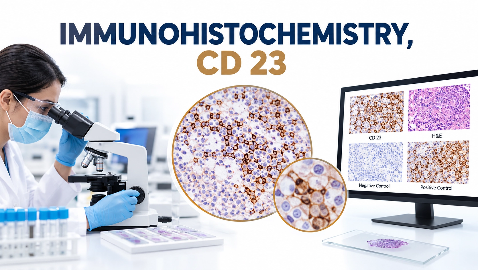 CD23 immunohistochemistry staining showing lymphoid marker expression in tissue sample for lymphoma diagnosis