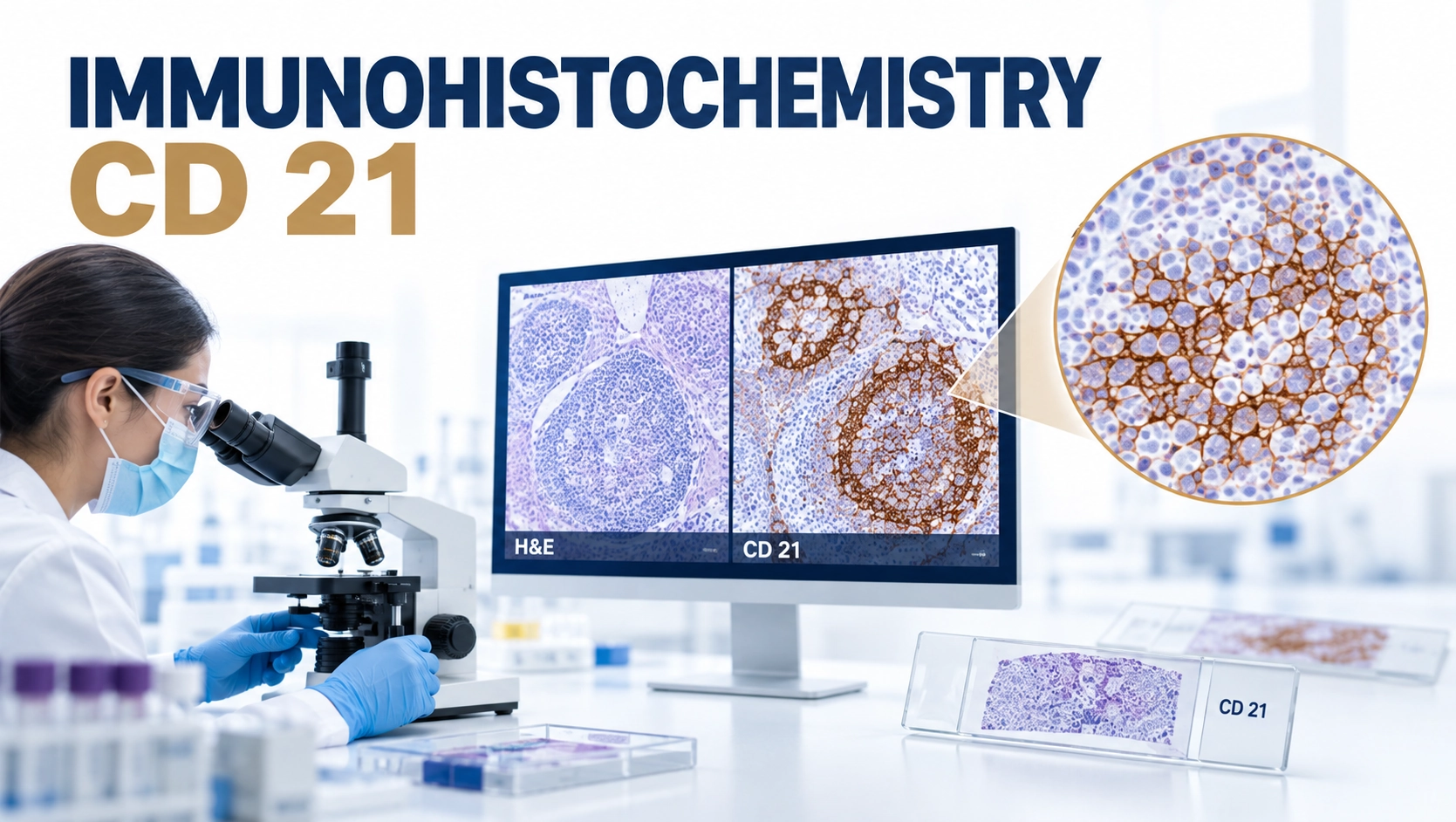CD21 immunohistochemistry staining showing follicular dendritic cell marker expression in lymphoid tissue